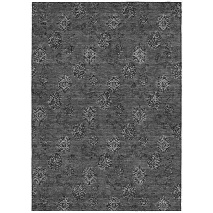 3' X 5' Gray And Charcoal Floral Washable Indoor Outdoor Area Rug