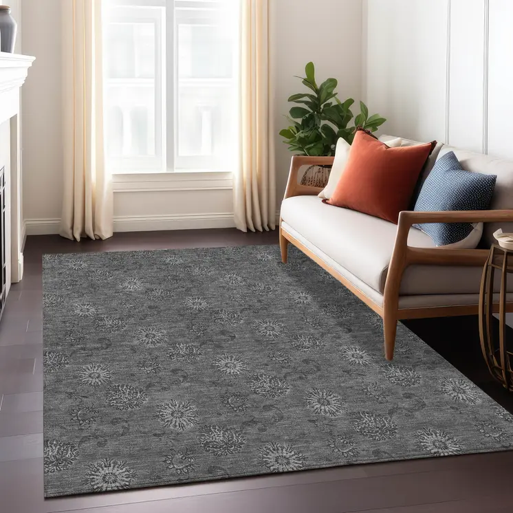 3' X 5' Gray And Charcoal Floral Washable Indoor Outdoor Area Rug