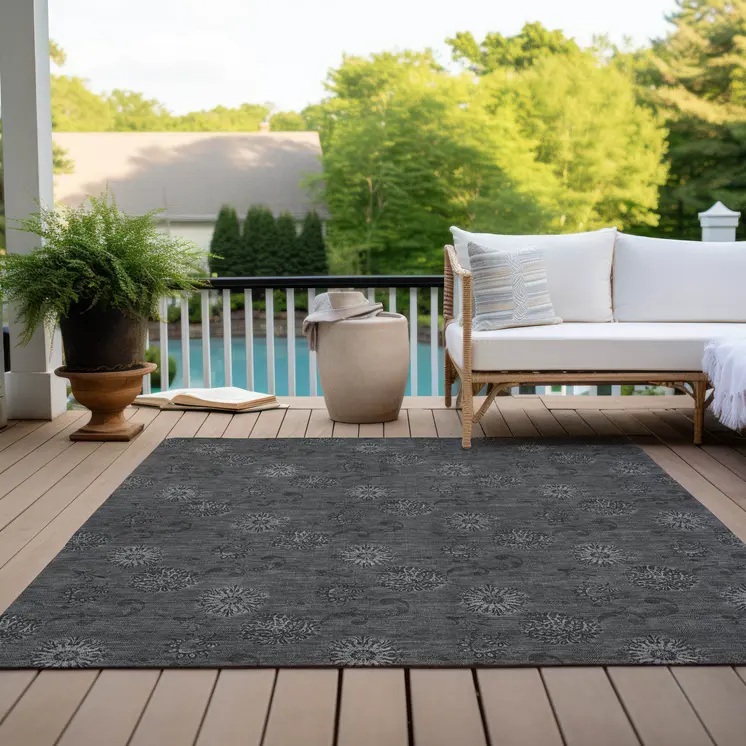 3' X 5' Gray And Charcoal Floral Washable Indoor Outdoor Area Rug