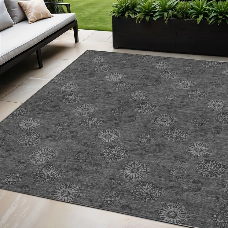 5' X 8' Gray And Charcoal Floral Washable Indoor Outdoor Area Rug