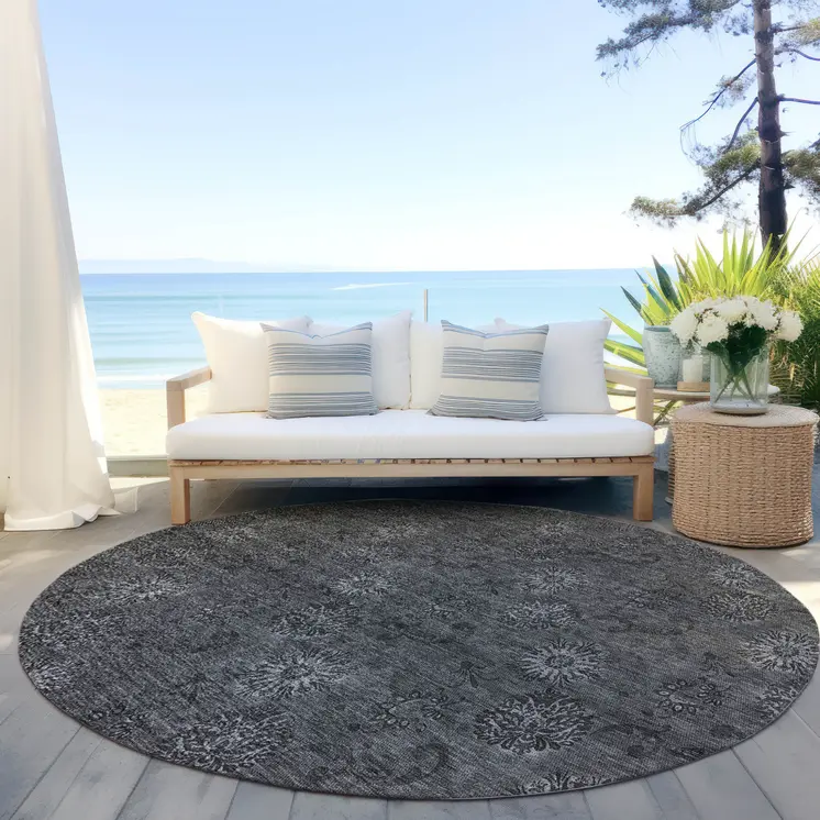 8' Gray And Charcoal Round Floral Washable Indoor Outdoor Area Rug