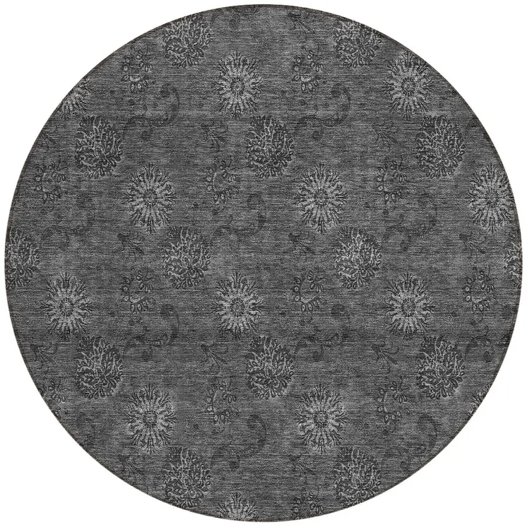 8' Gray And Charcoal Round Floral Washable Indoor Outdoor Area Rug