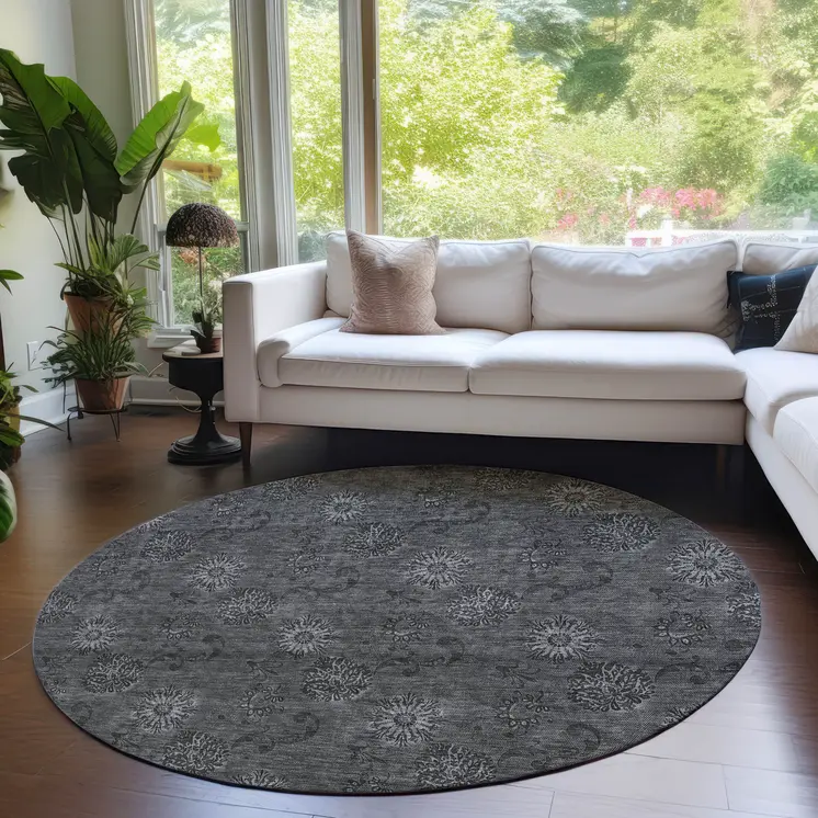 8' Gray And Charcoal Round Floral Washable Indoor Outdoor Area Rug