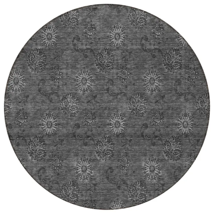 8' Gray And Charcoal Round Floral Washable Indoor Outdoor Area Rug