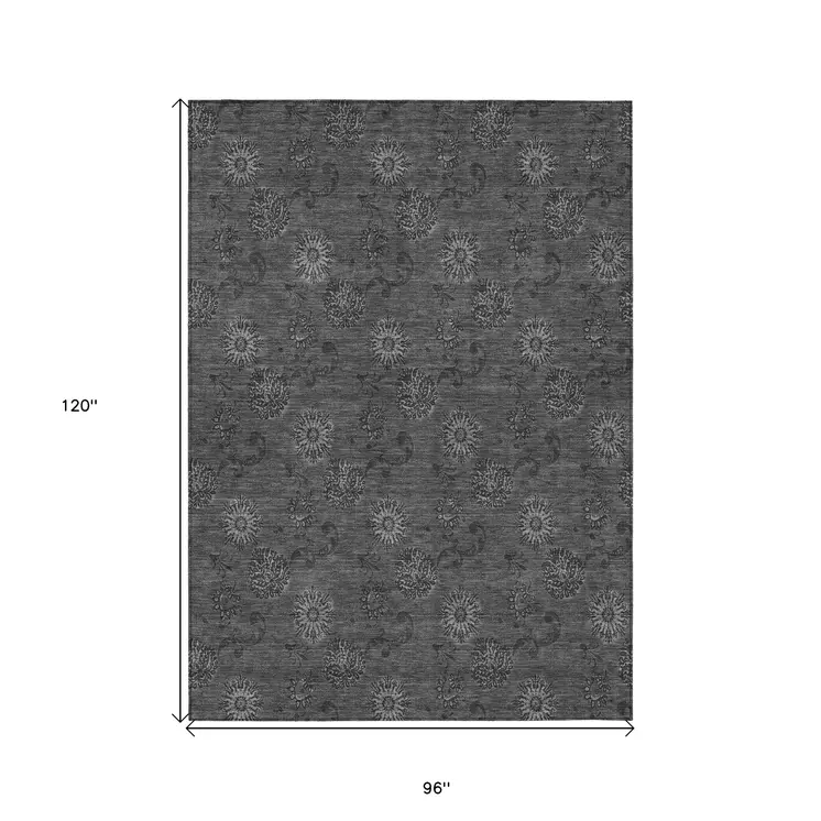 8' X 10' Gray And Charcoal Floral Washable Indoor Outdoor Area Rug