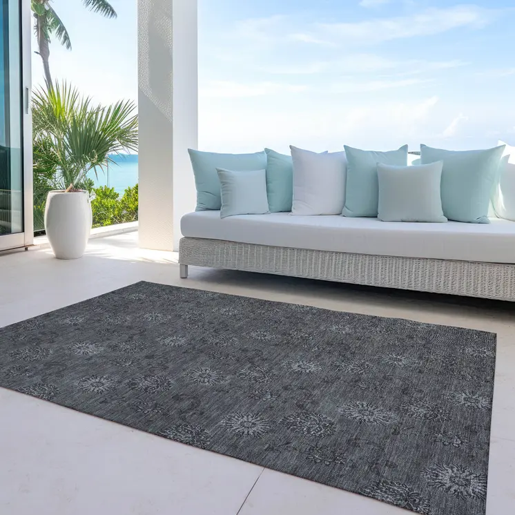 8' X 10' Gray And Charcoal Floral Washable Indoor Outdoor Area Rug