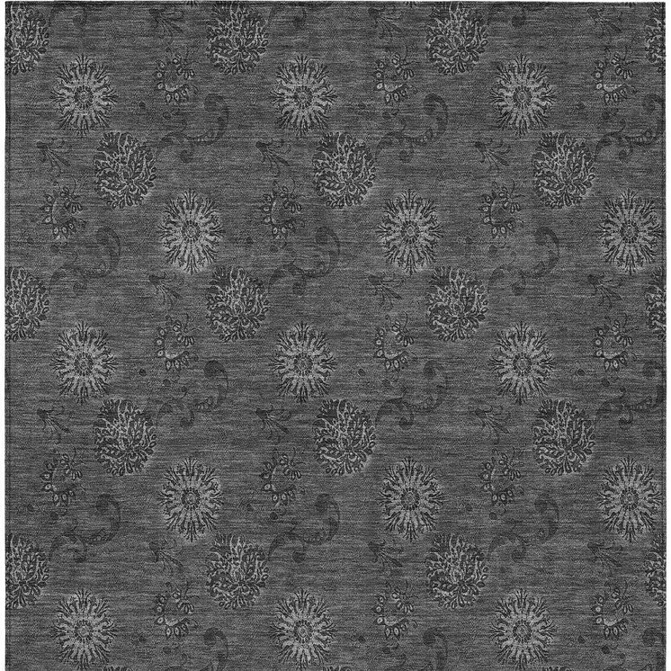 9' X 12' Gray And Charcoal Floral Washable Indoor Outdoor Area Rug