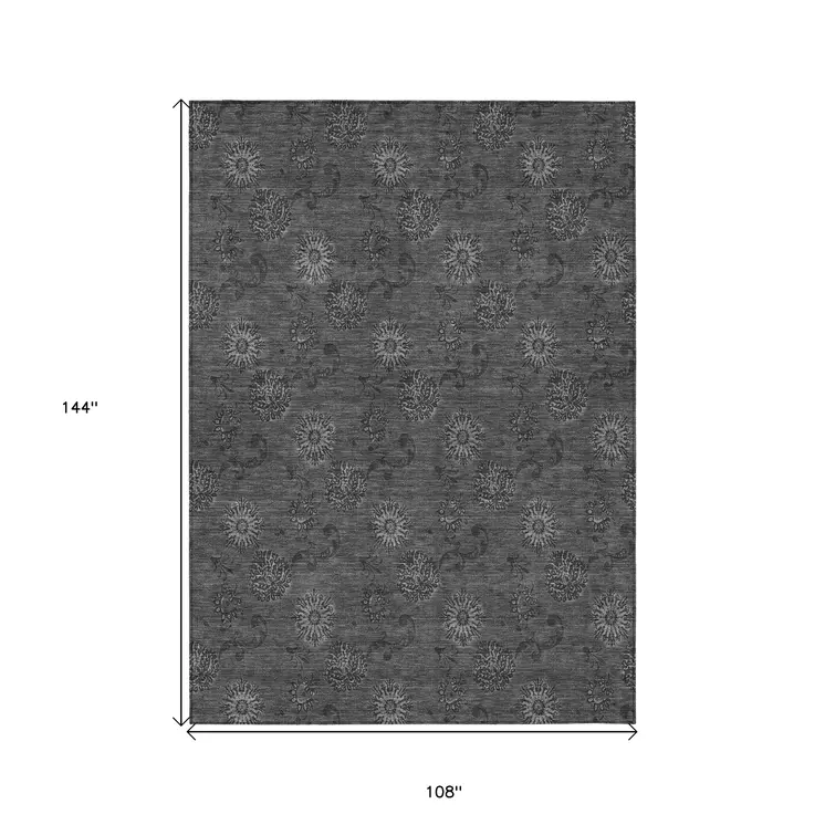 9' X 12' Gray And Charcoal Floral Washable Indoor Outdoor Area Rug