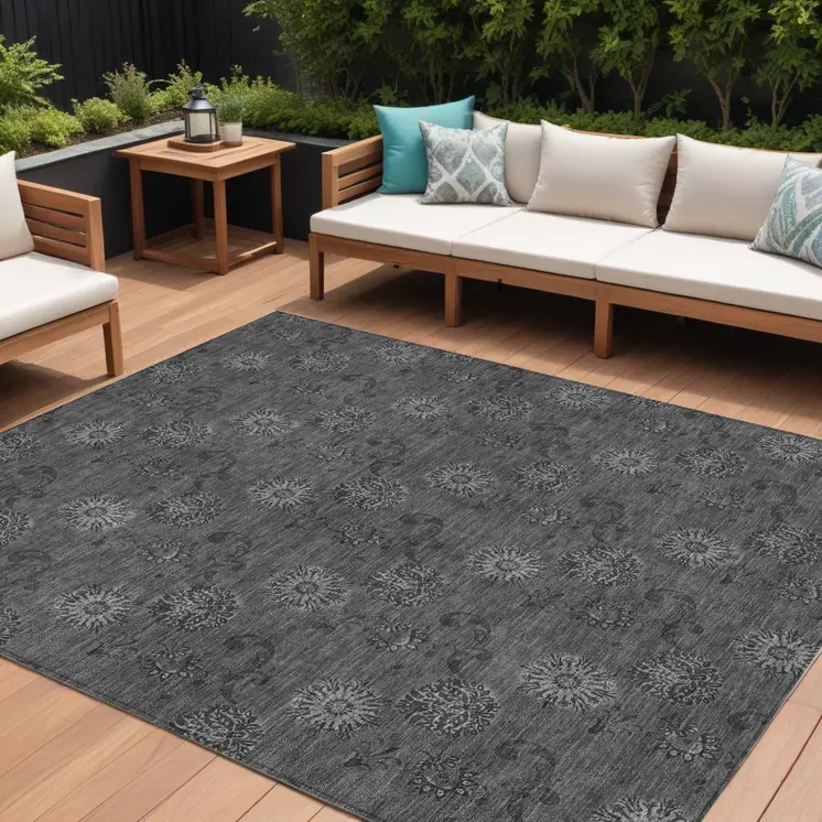 9' X 12' Gray And Charcoal Floral Washable Indoor Outdoor Area Rug