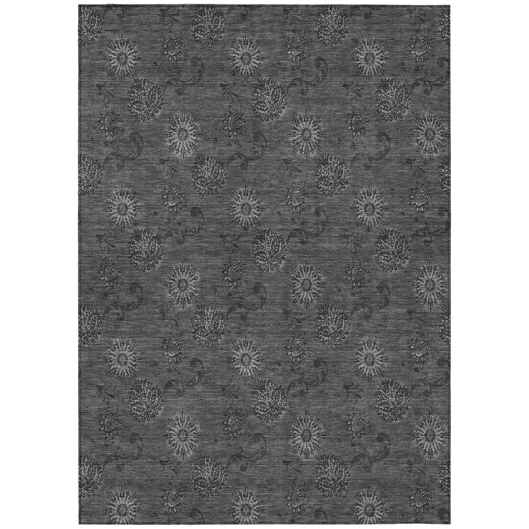 9' X 12' Gray And Charcoal Floral Washable Indoor Outdoor Area Rug