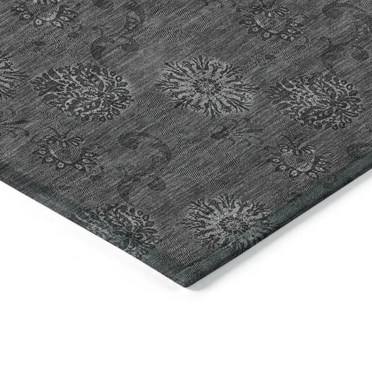 9' X 12' Gray And Charcoal Floral Washable Indoor Outdoor Area Rug