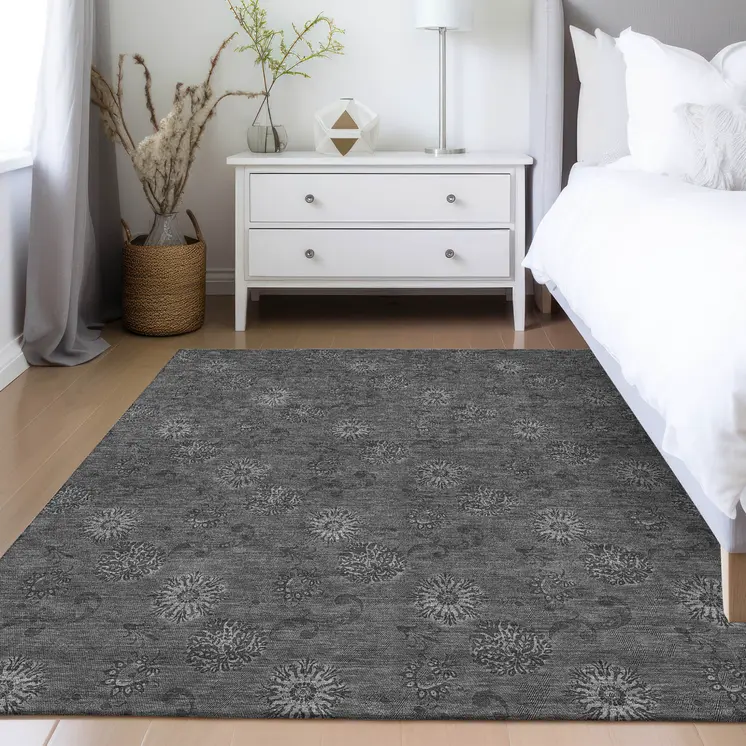 9' X 12' Gray And Charcoal Floral Washable Indoor Outdoor Area Rug