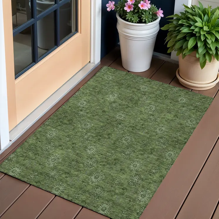 3' X 5' Olive Green And Green Floral Washable Indoor Outdoor Area Rug