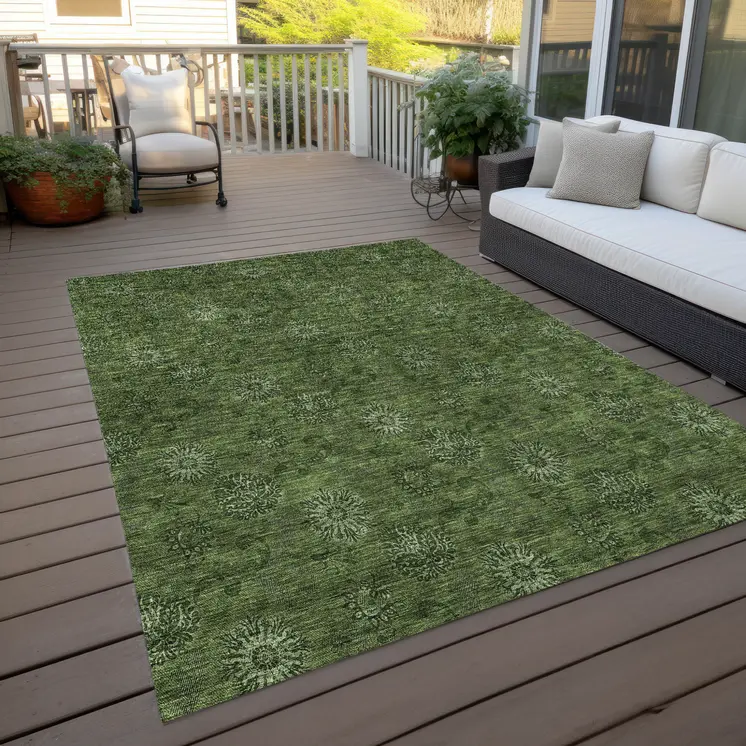 3' X 5' Olive Green And Green Floral Washable Indoor Outdoor Area Rug