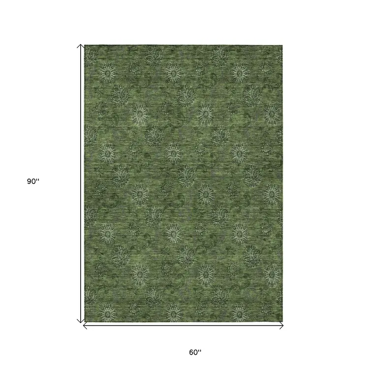 5' X 8' Olive Green And Green Floral Washable Indoor Outdoor Area Rug