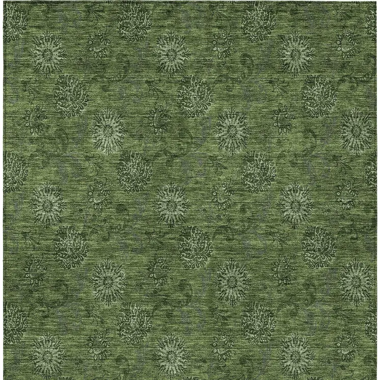 5' X 8' Olive Green And Green Floral Washable Indoor Outdoor Area Rug