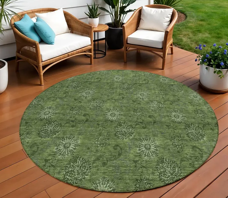 8' Olive Green And Green Round Floral Washable Indoor Outdoor Area Rug