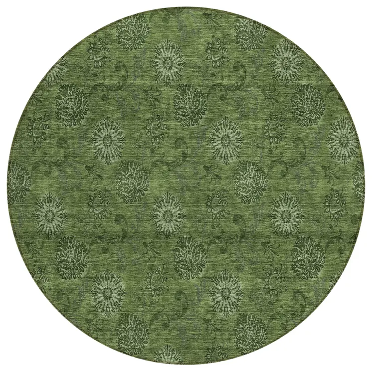 8' Olive Green And Green Round Floral Washable Indoor Outdoor Area Rug