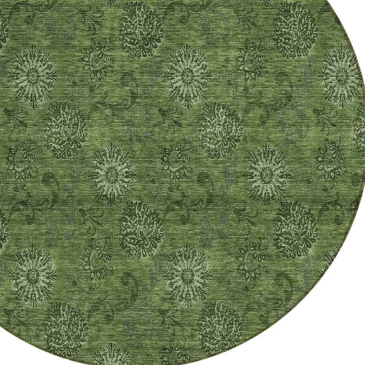 8' Olive Green And Green Round Floral Washable Indoor Outdoor Area Rug