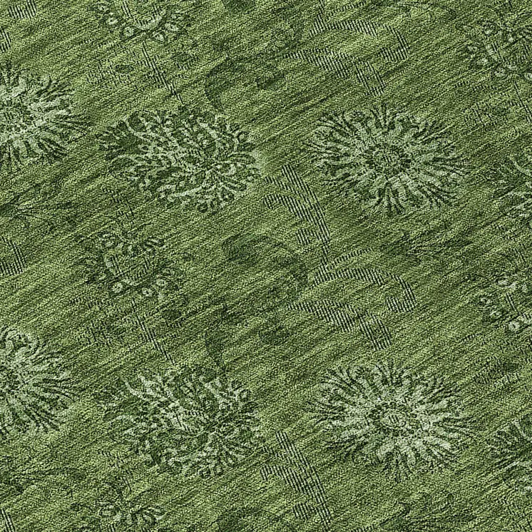 8' Olive Green And Green Round Floral Washable Indoor Outdoor Area Rug