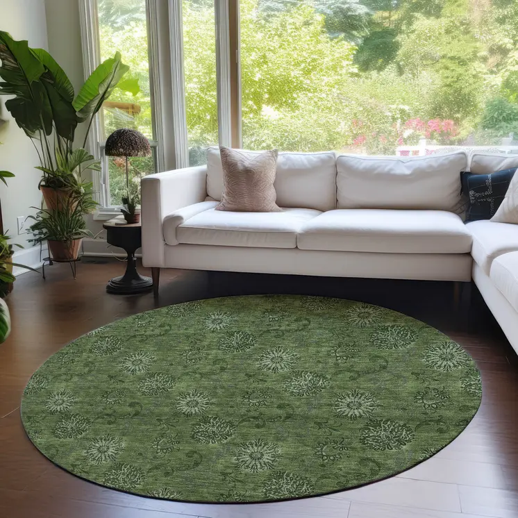 8' Olive Green And Green Round Floral Washable Indoor Outdoor Area Rug
