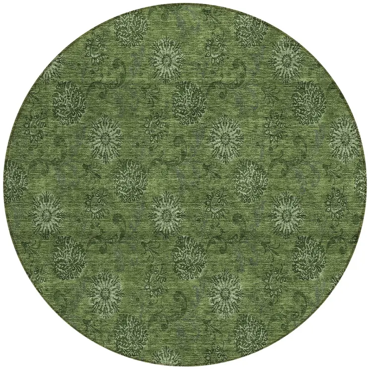 8' Olive Green And Green Round Floral Washable Indoor Outdoor Area Rug