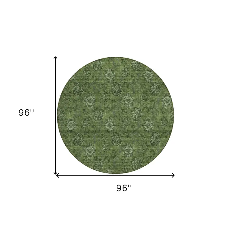 8' Olive Green And Green Round Floral Washable Indoor Outdoor Area Rug