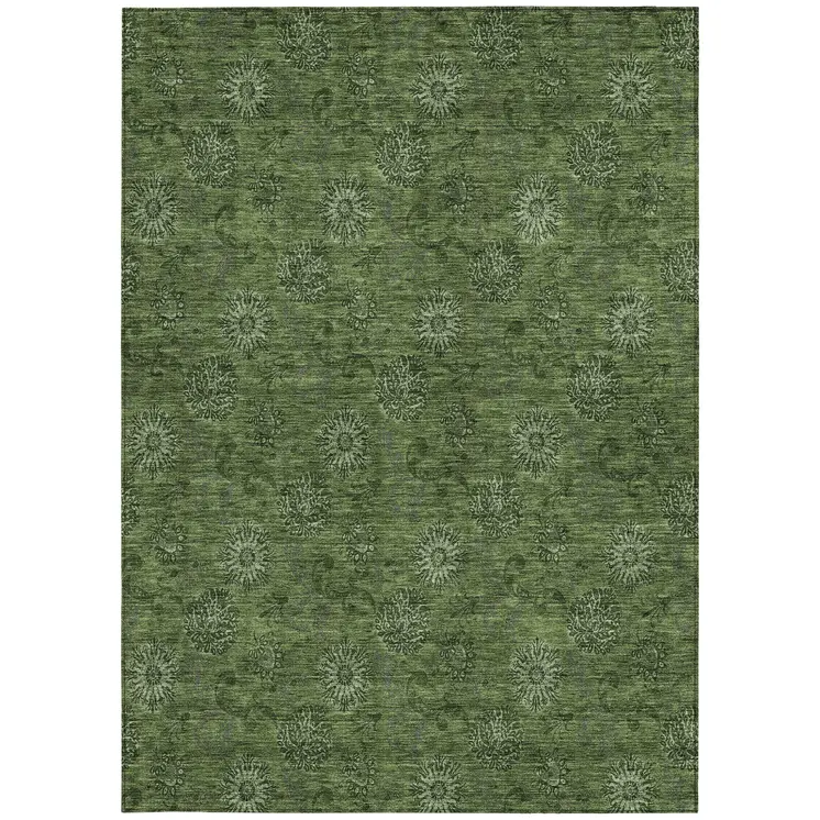 10' X 14' Olive Green And Green Floral Washable Indoor Outdoor Area Rug