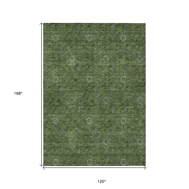 10' X 14' Olive Green And Green Floral Washable Indoor Outdoor Area Rug