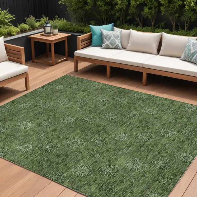 10' X 14' Olive Green And Green Floral Washable Indoor Outdoor Area Rug