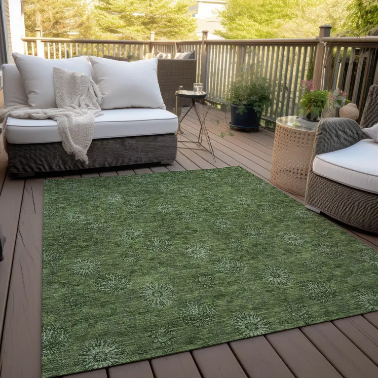 10' X 14' Olive Green And Green Floral Washable Indoor Outdoor Area Rug