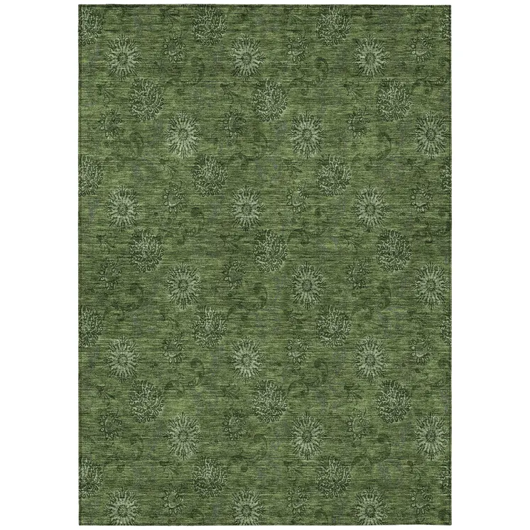 10' X 14' Olive Green And Green Floral Washable Indoor Outdoor Area Rug