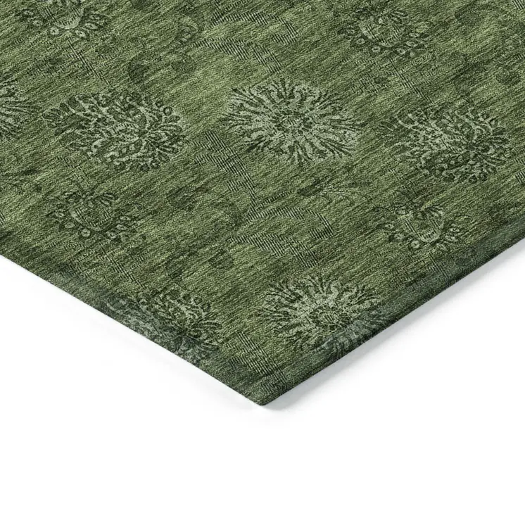 10' X 14' Olive Green And Green Floral Washable Indoor Outdoor Area Rug