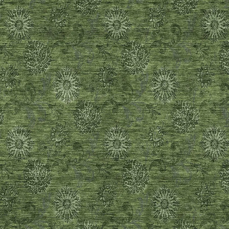 10' X 14' Olive Green And Green Floral Washable Indoor Outdoor Area Rug