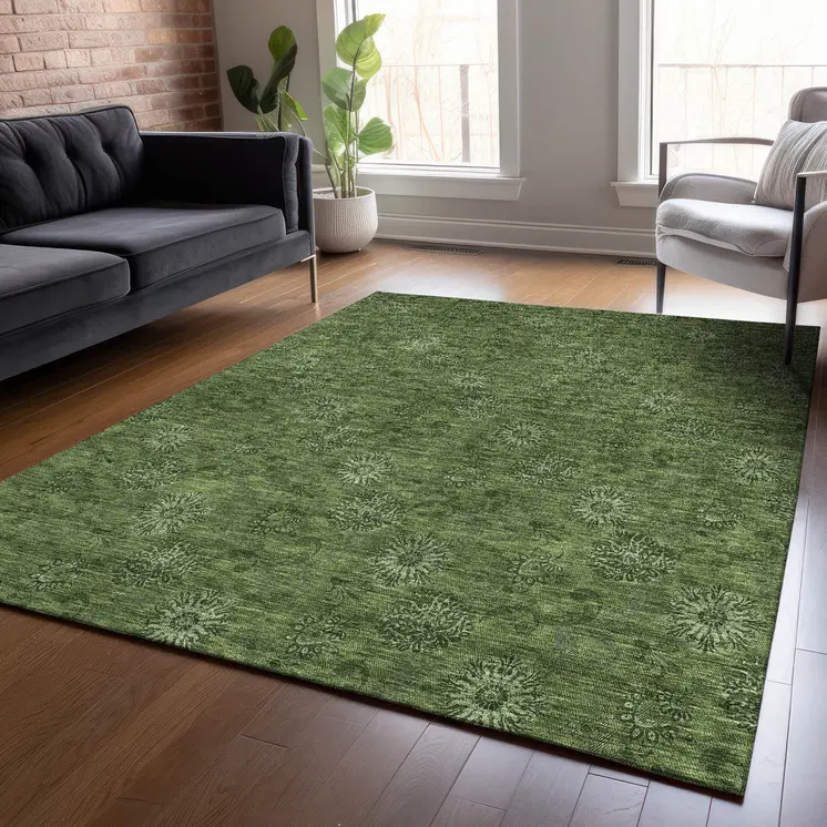 10' X 14' Olive Green And Green Floral Washable Indoor Outdoor Area Rug