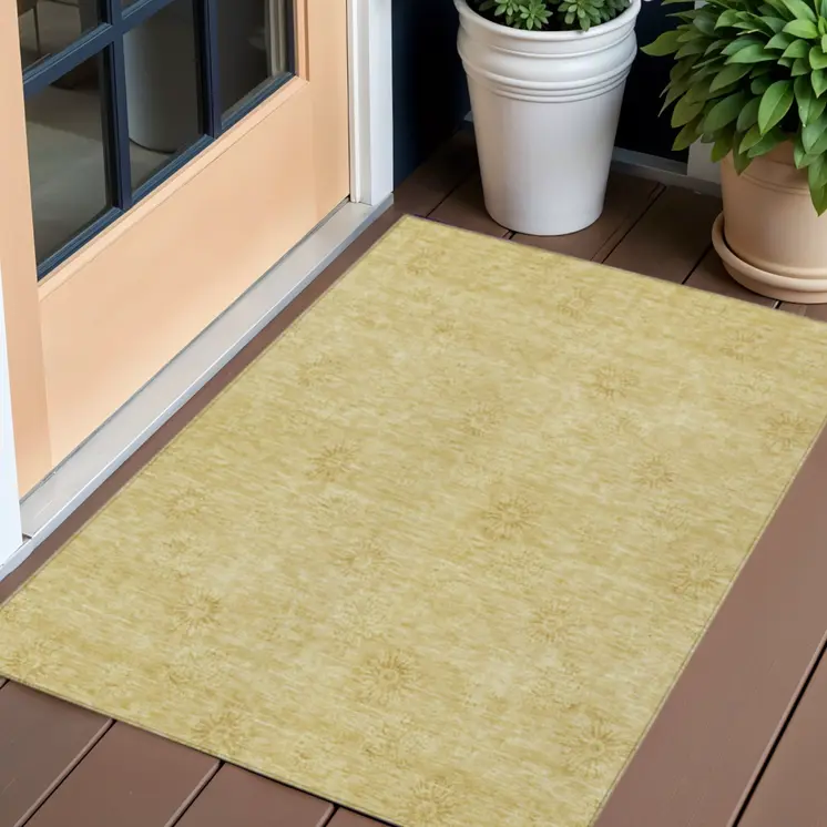 3' X 5' Gold And Ivory Floral Washable Indoor Outdoor Area Rug