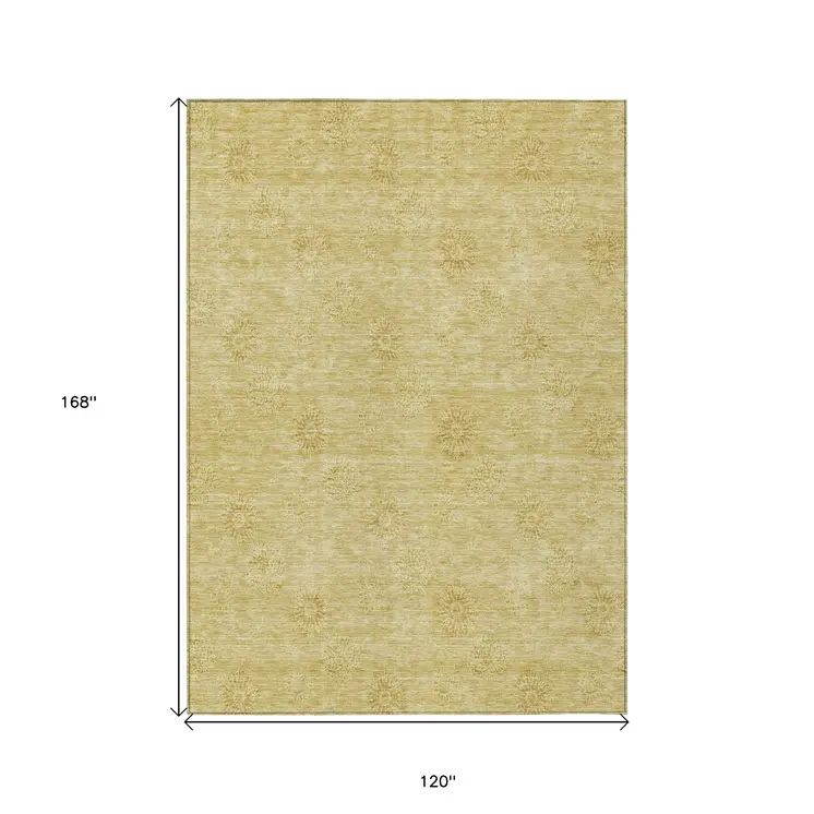 10' X 14' Gold And Ivory Floral Washable Indoor Outdoor Area Rug