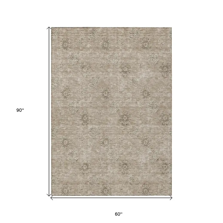 5' X 8' Khaki Beige And Tan Floral Washable Indoor Outdoor Area Rug