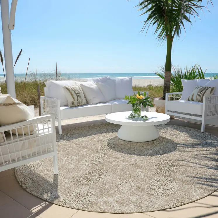 8' Khaki Beige And Tan Round Floral Washable Indoor Outdoor Area Rug