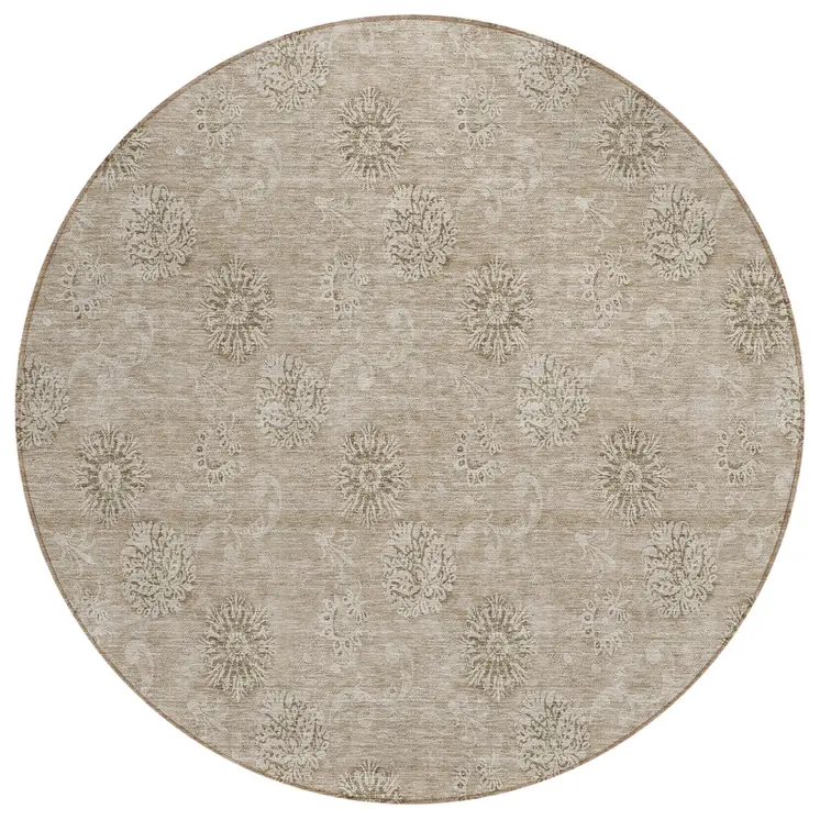 8' Khaki Beige And Tan Round Floral Washable Indoor Outdoor Area Rug