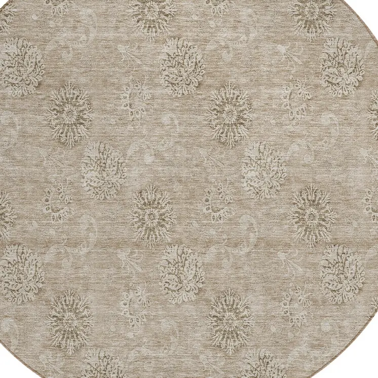 8' Khaki Beige And Tan Round Floral Washable Indoor Outdoor Area Rug