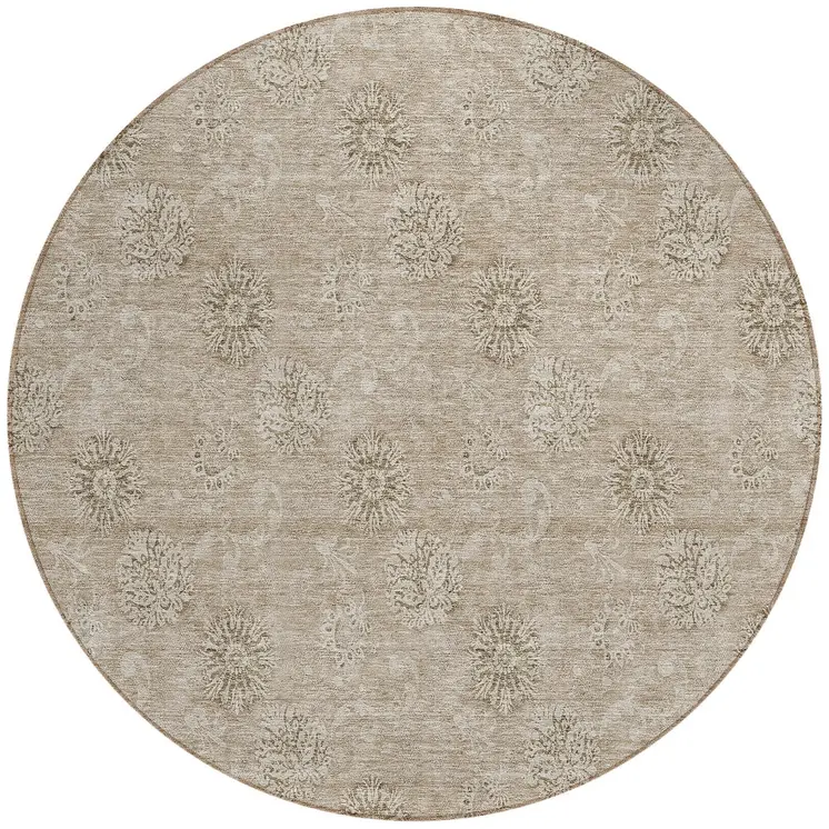 8' Khaki Beige And Tan Round Floral Washable Indoor Outdoor Area Rug