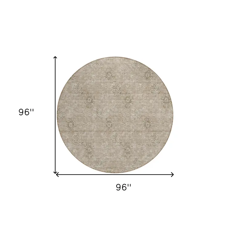 8' Khaki Beige And Tan Round Floral Washable Indoor Outdoor Area Rug