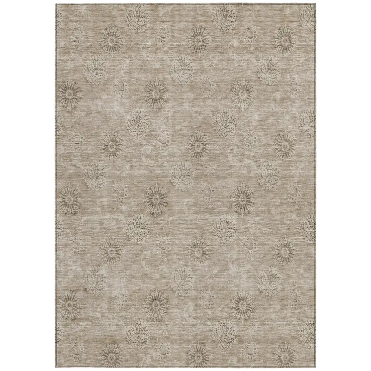 8' X 10' Khaki Beige And Tan Floral Washable Indoor Outdoor Area Rug