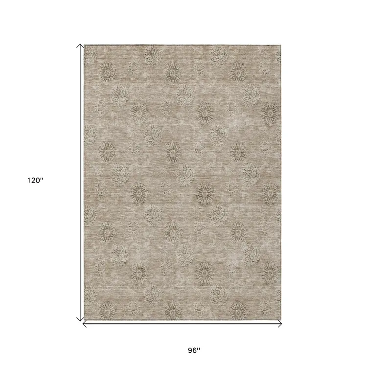 8' X 10' Khaki Beige And Tan Floral Washable Indoor Outdoor Area Rug