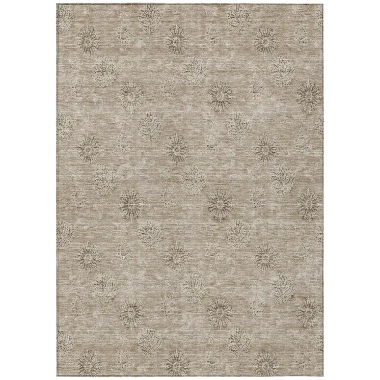 8' X 10' Khaki Beige And Tan Floral Washable Indoor Outdoor Area Rug
