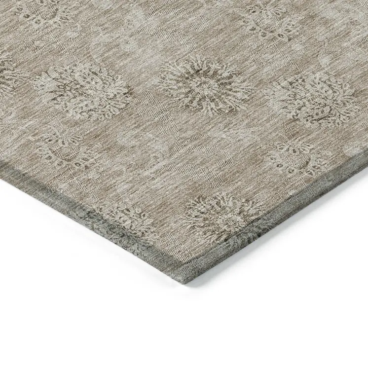 8' X 10' Khaki Beige And Tan Floral Washable Indoor Outdoor Area Rug