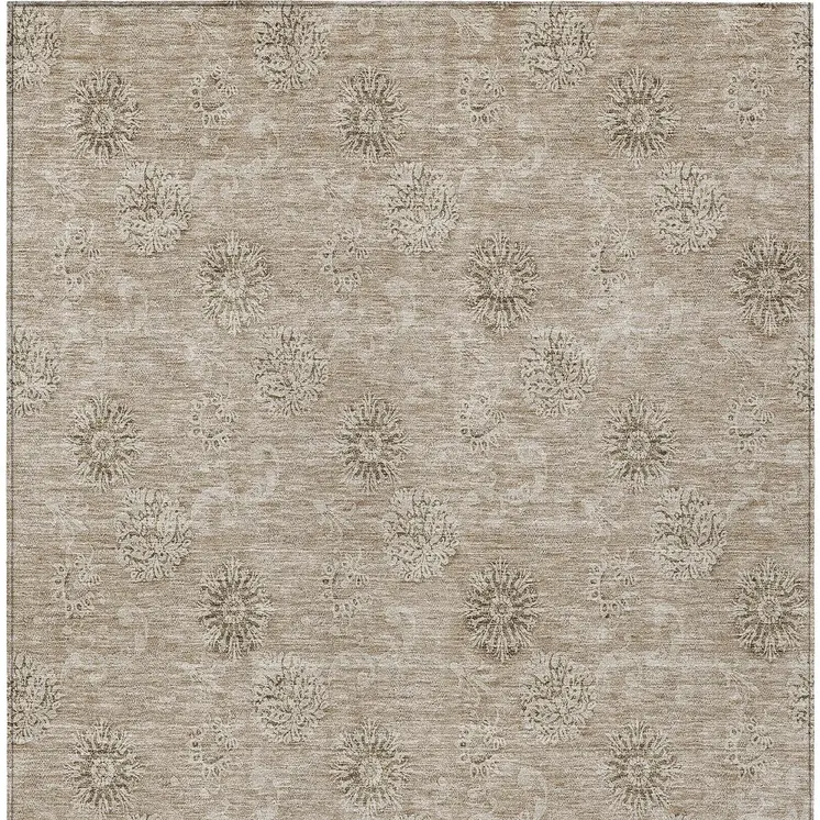 8' X 10' Khaki Beige And Tan Floral Washable Indoor Outdoor Area Rug
