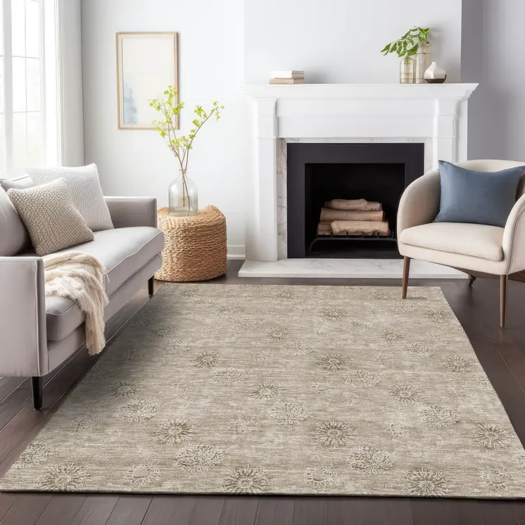 8' X 10' Khaki Beige And Tan Floral Washable Indoor Outdoor Area Rug