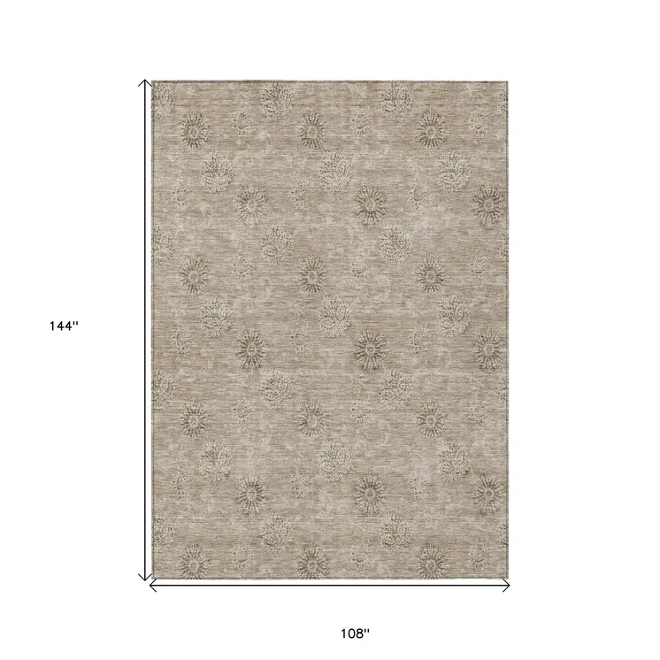 9' X 12' Khaki Beige And Tan Floral Washable Indoor Outdoor Area Rug